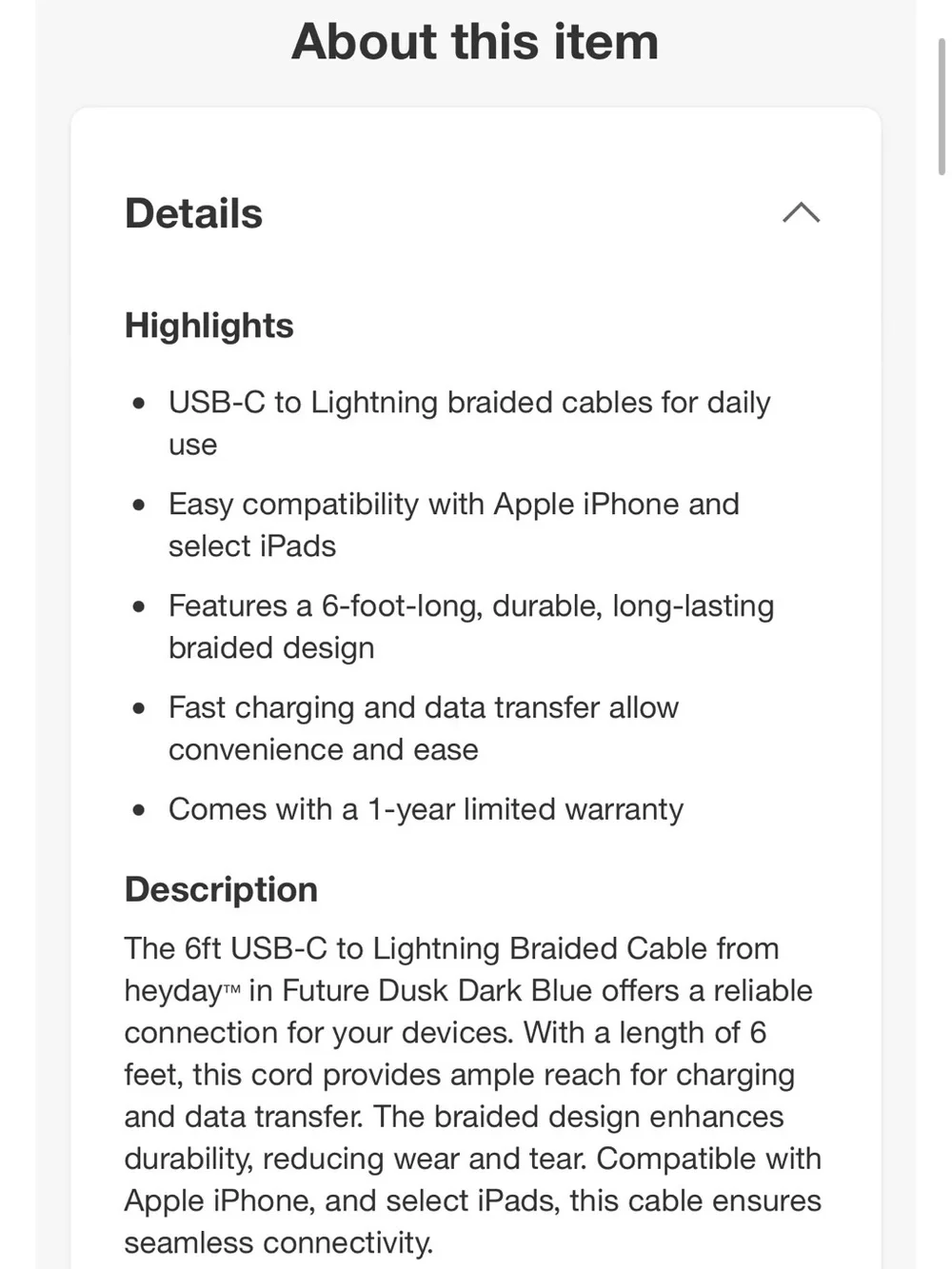 heyday 6ft Braided USB-C to Lightning Cable in Deep Purple